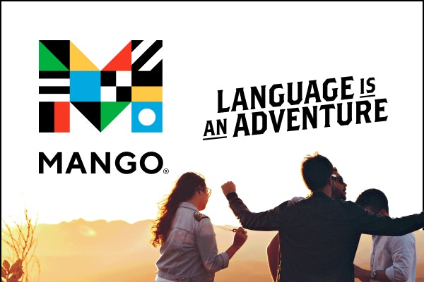 poster for Mango Languages shows 2 people shaking hands. The title "Language is an adventure" above them. 