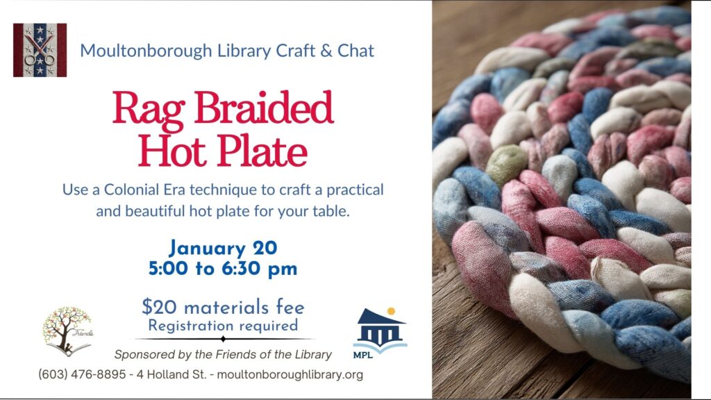 Craft and Chat class, January 20, 5 to 6:30 pm. Rag Braided Hot Plate. $20 materials fee