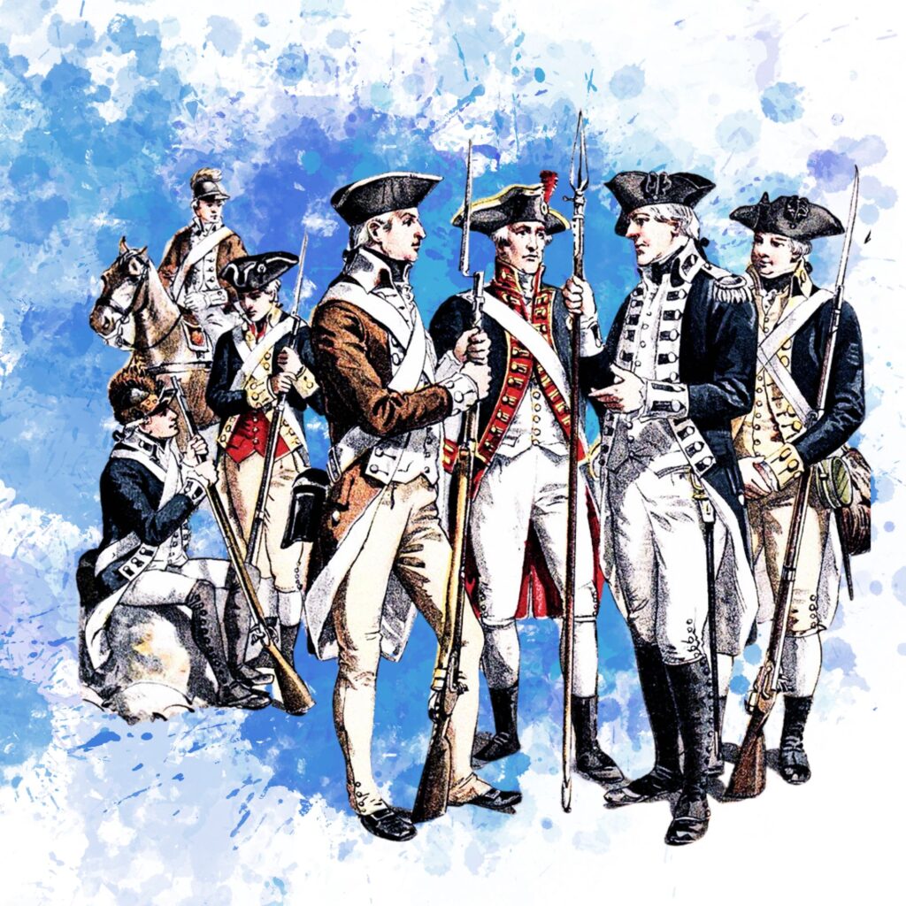 A group of Revolutionary Era soldiers standing and talking.