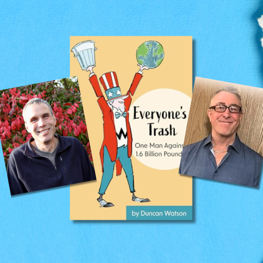 Author Duncan Watson, Moultonborough waste station supervisor Ken Filpula, and the cover of Everyone's Trash