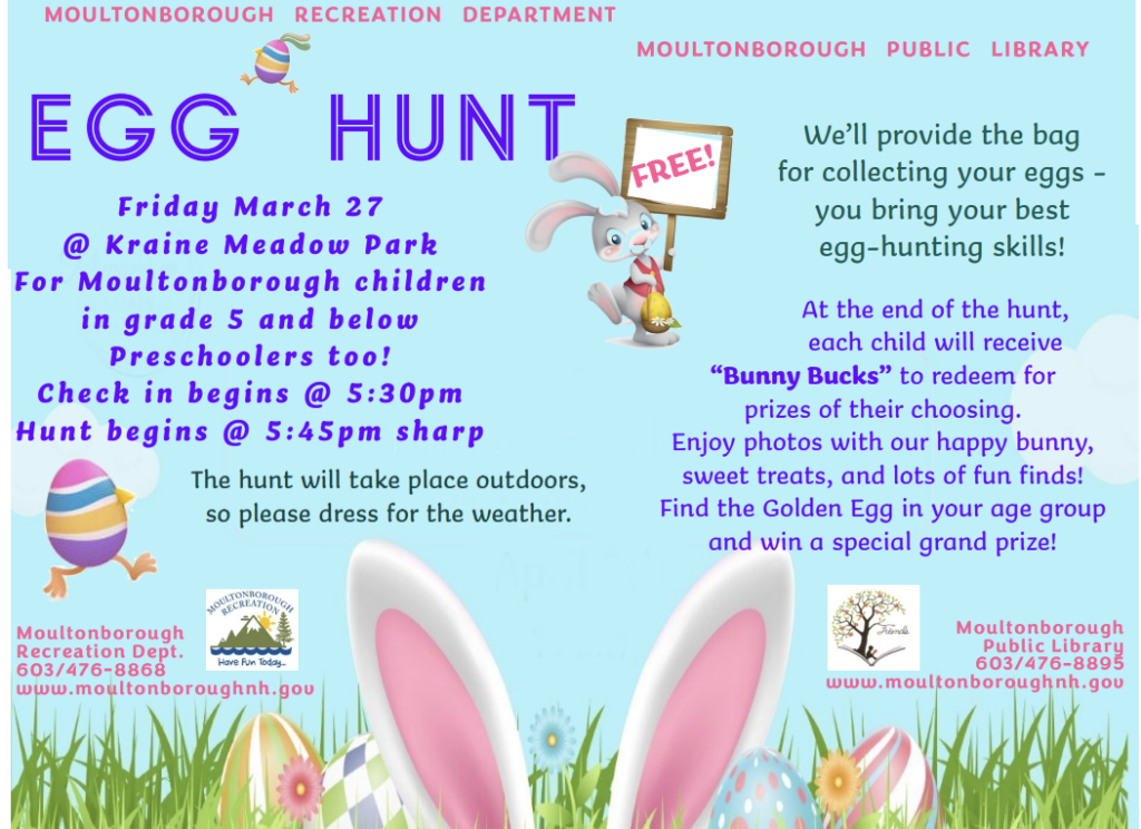 Poster for town egg hunt on March 27. Check in at 5:30 pm