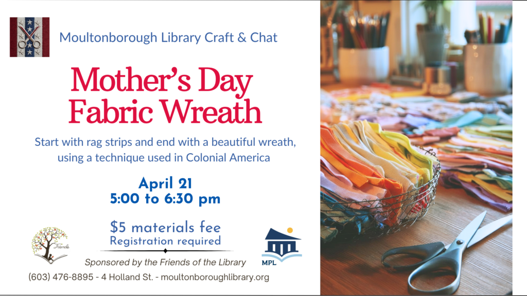 poster for craft workshop decorated with an image of fabric swatches and sewing tools on a craft table