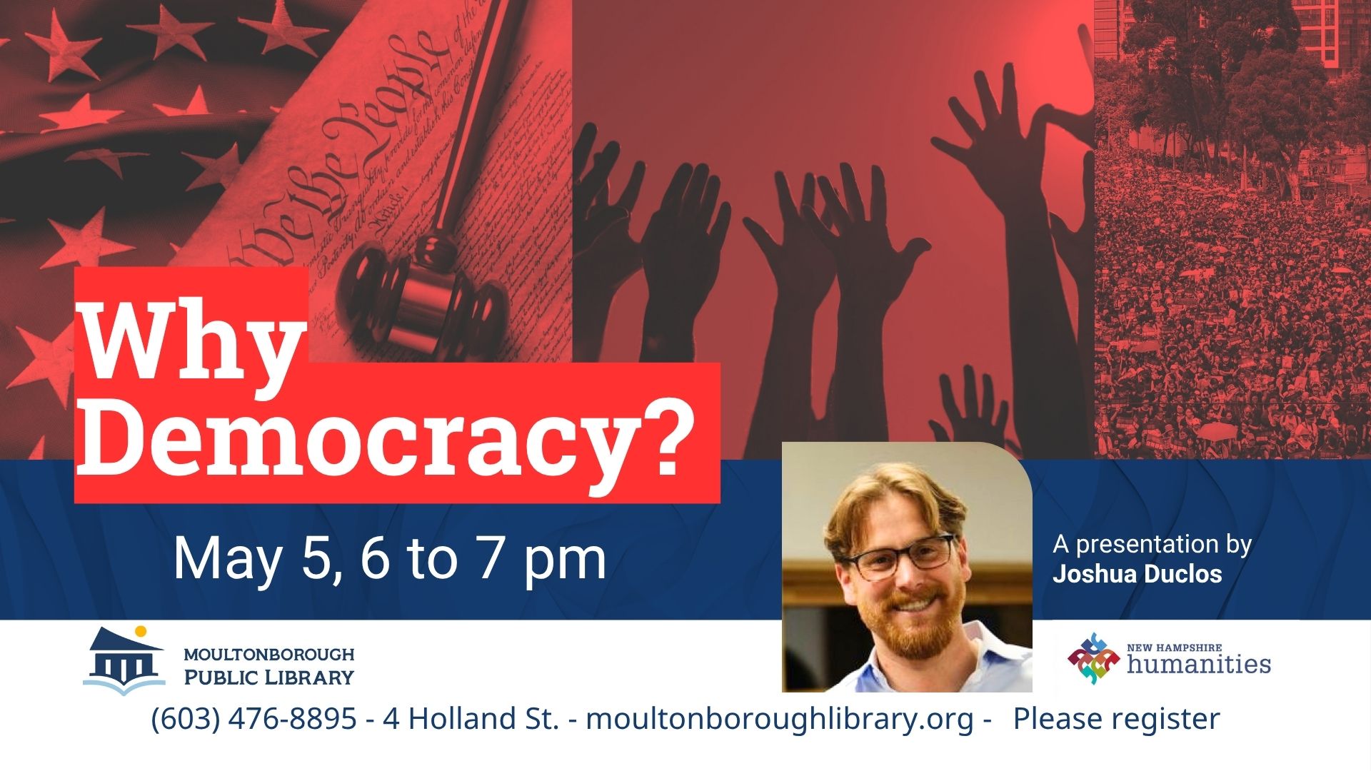 Poster for event. Features a photo of the speaker, inset against a red, white and blue background. 