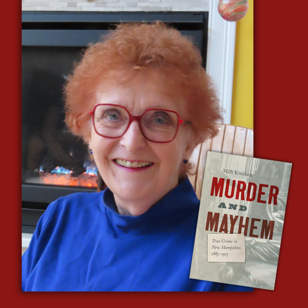 headshot of author Milli Knudsen, with a thumbnail cover of her book, Murder and Mayhem.