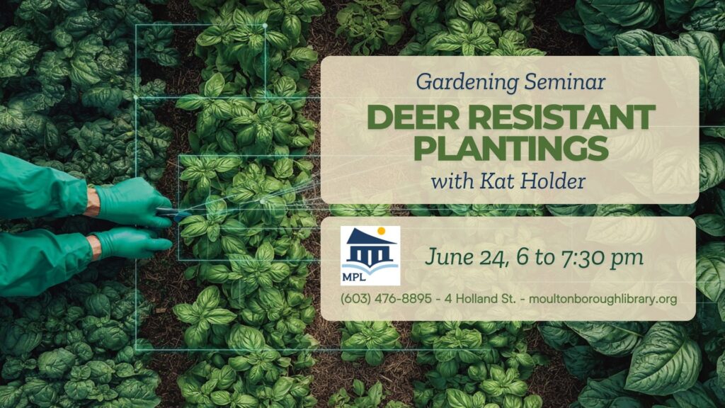 event poster features a pair of hands in gardening gloves with a background of raised garden beds.