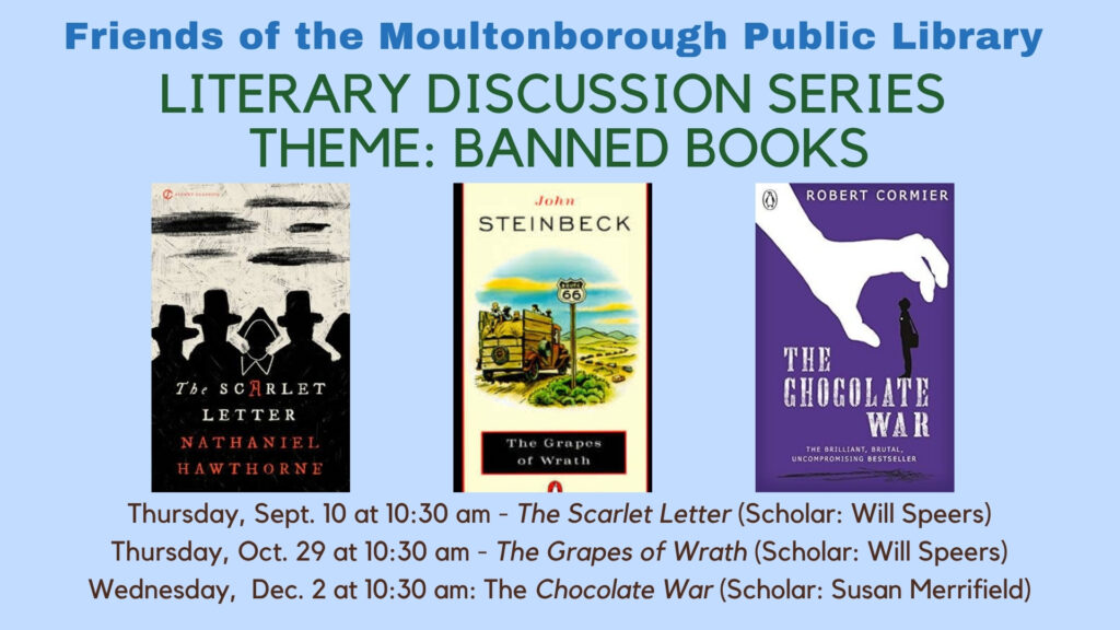 Poster with book covers for The Scarlet Letter, The Grapes of Wrath, and The Chocolate War.